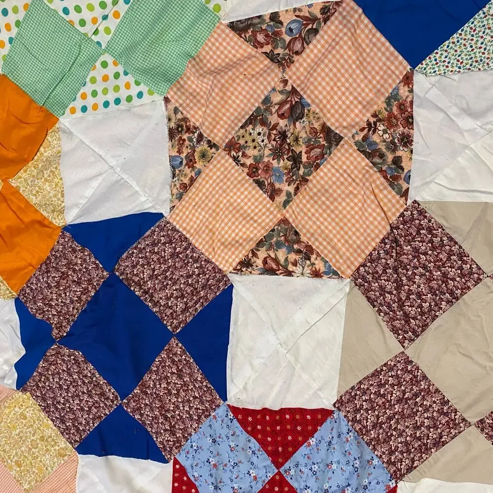 Handmade Vintage 30s Snowball Nine-Patch Quilt 67x72 Large Throw Blanket